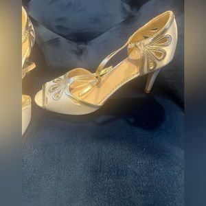 Wedding shoes -ivory and gold satin T- strap